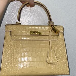 25cm beige cream crocodile genuine leather top handle handbag